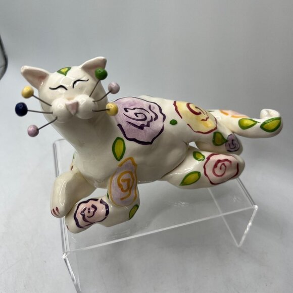 Vintage Annaco Creations Amy Lacombe Lying Cat With Summer Flowers 2001 Figurine - Picture 2 of 9